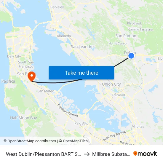 West Dublin/Pleasanton BART Station to Millbrae Substation map