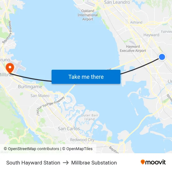 South Hayward Station to Millbrae Substation map
