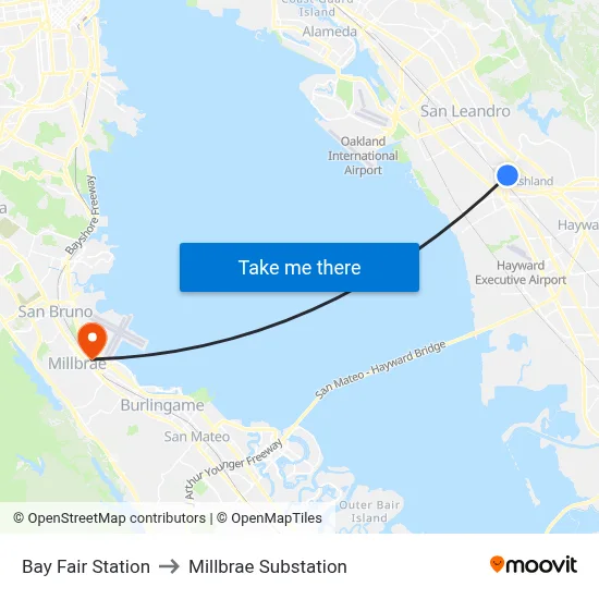 Bay Fair Station to Millbrae Substation map