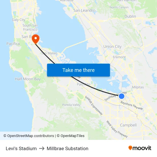 Levi's Stadium to Millbrae Substation map
