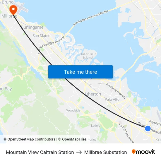 Mountain View Caltrain Station to Millbrae Substation map