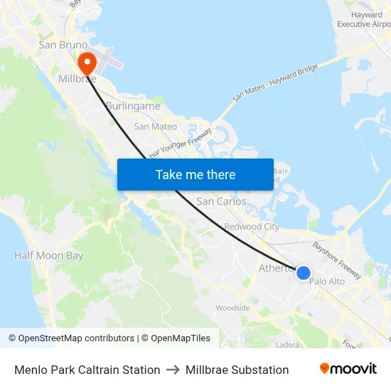 Menlo Park Caltrain Station to Millbrae Substation map