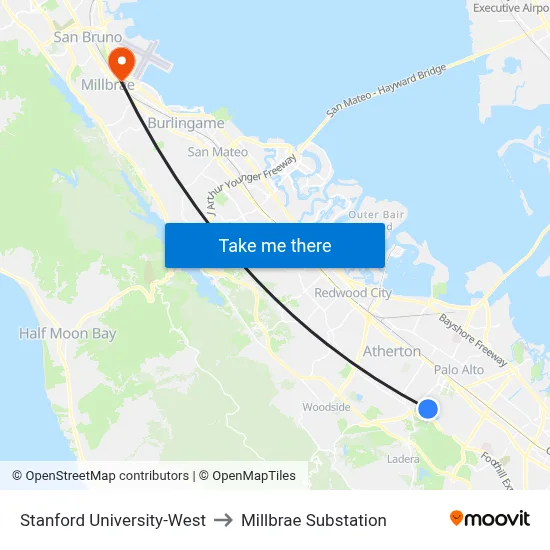 Stanford University-West, 355 Galvez St to Millbrae Substation map