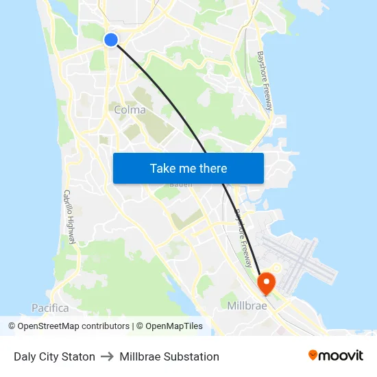 Daly City Staton to Millbrae Substation map
