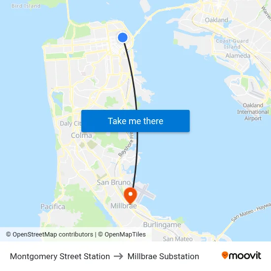 Montgomery Street Station to Millbrae Substation map
