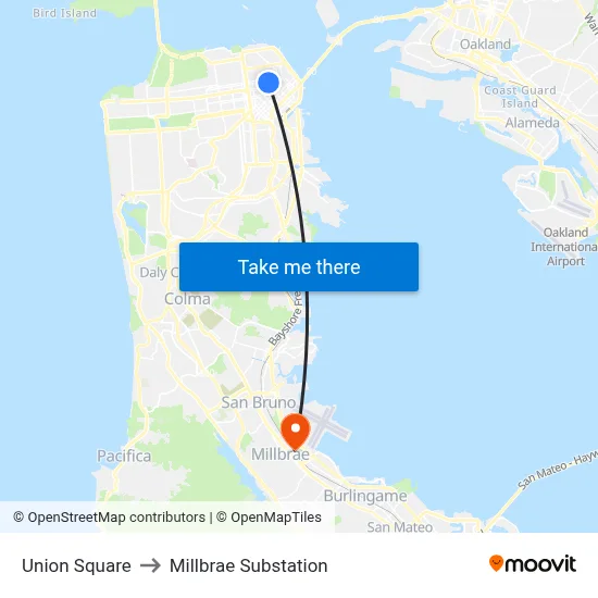 Union Square to Millbrae Substation map