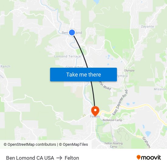 Ben Lomond CA USA to Felton map