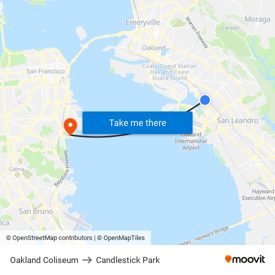 Oakland Coliseum to Candlestick Park map