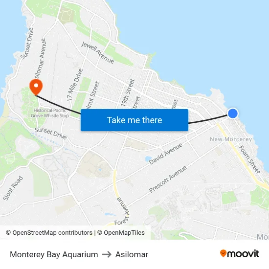 Monterey Bay Aquarium to Asilomar map