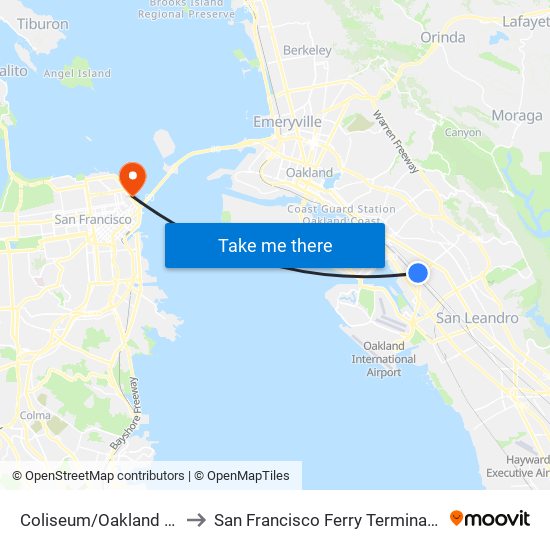 Coliseum/Oakland Airport to San Francisco Ferry Terminal Building map