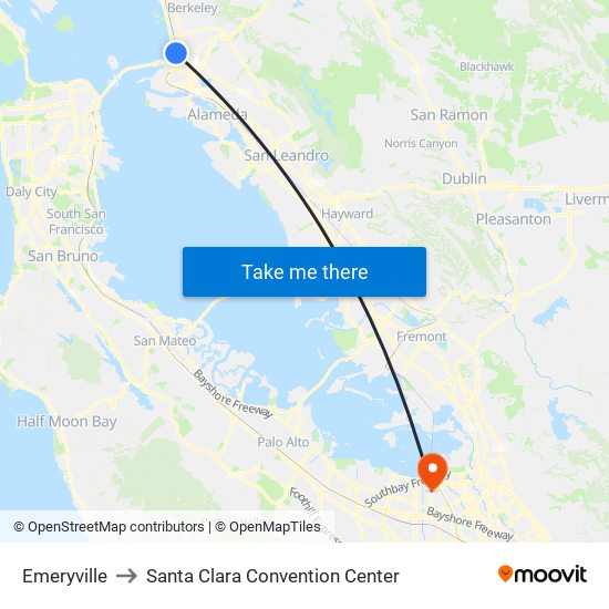 Emeryville to Santa Clara Convention Center map