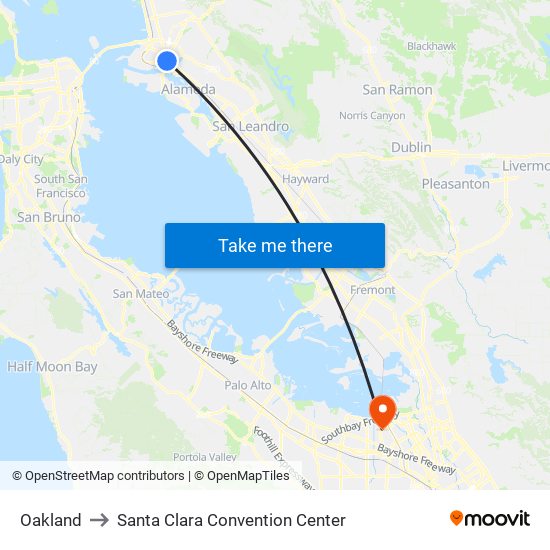 Oakland to Santa Clara Convention Center map