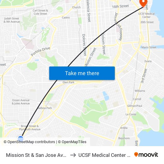 Mission St & San Jose Ave/Wellington Ave to UCSF Medical Center at Mission Bay map