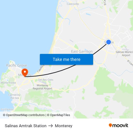 Salinas Amtrak Station to Monterey map