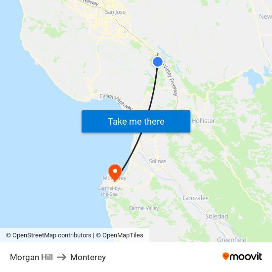 Morgan Hill to Monterey map