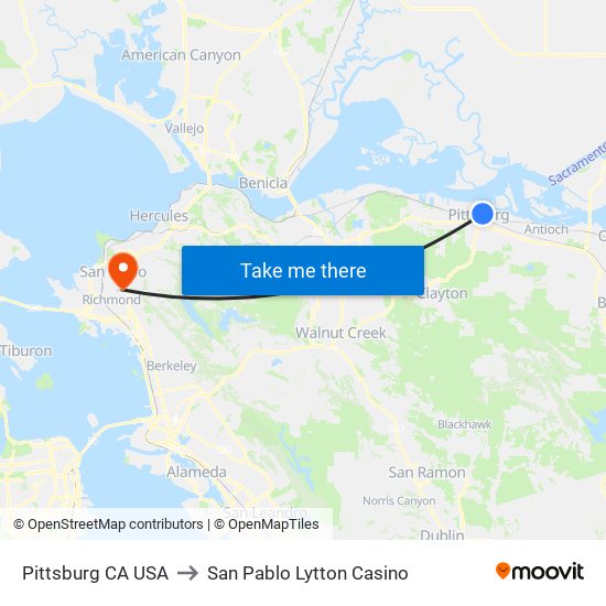 Pittsburg CA USA to San Pablo Lytton Casino map