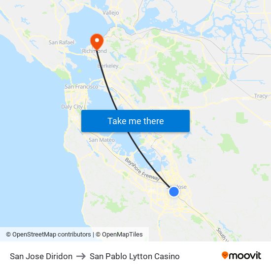 San Jose Diridon to San Pablo Lytton Casino map