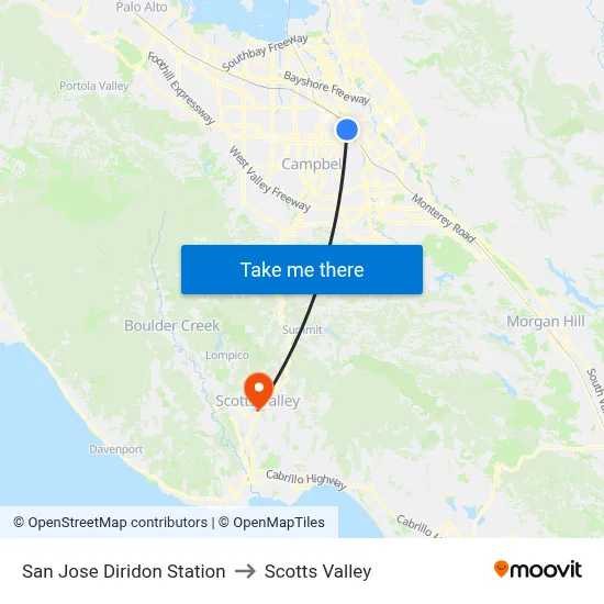 San Jose Diridon Station to Scotts Valley map