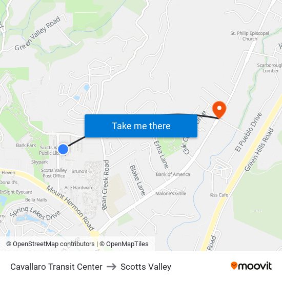 Cavallaro Transit Center to Scotts Valley map