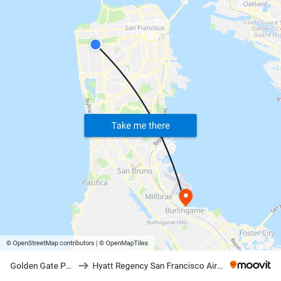 Golden Gate Park to Hyatt Regency San Francisco Airport map