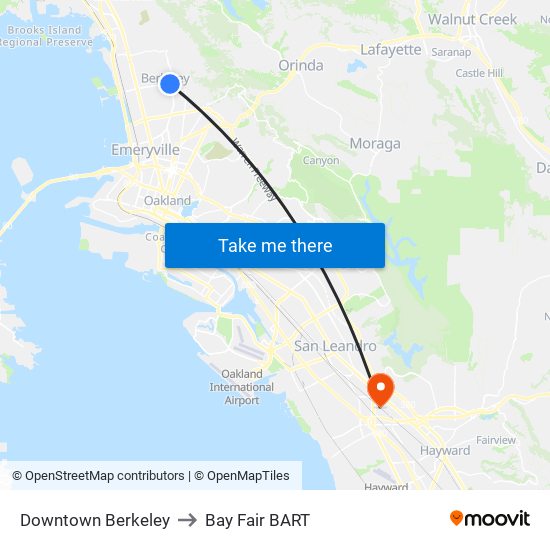Downtown Berkeley to Bay Fair BART map