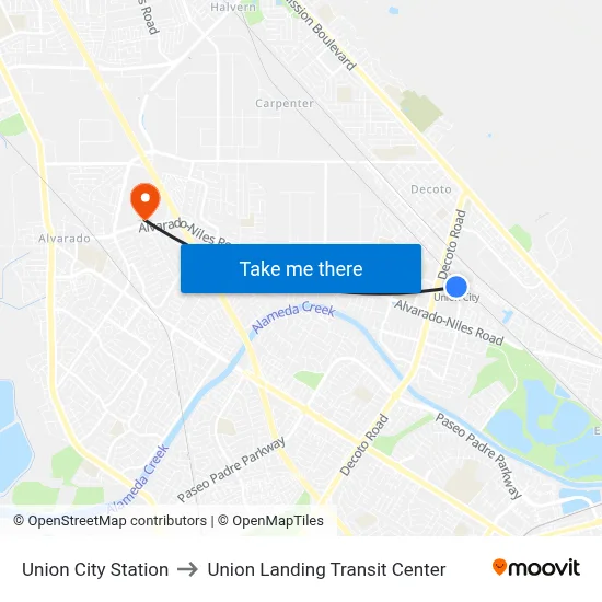 Union City Station to Union Landing Transit Center map