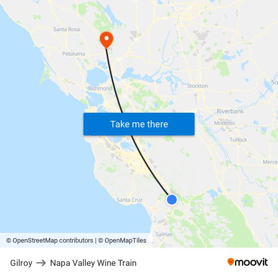 Gilroy to Napa Valley Wine Train map