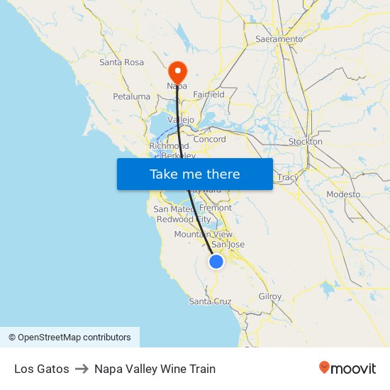 Los Gatos to Napa Valley Wine Train map