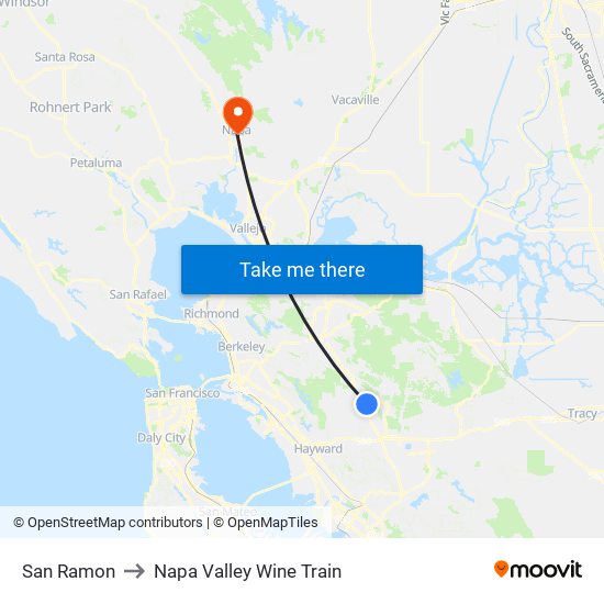 San Ramon to Napa Valley Wine Train map