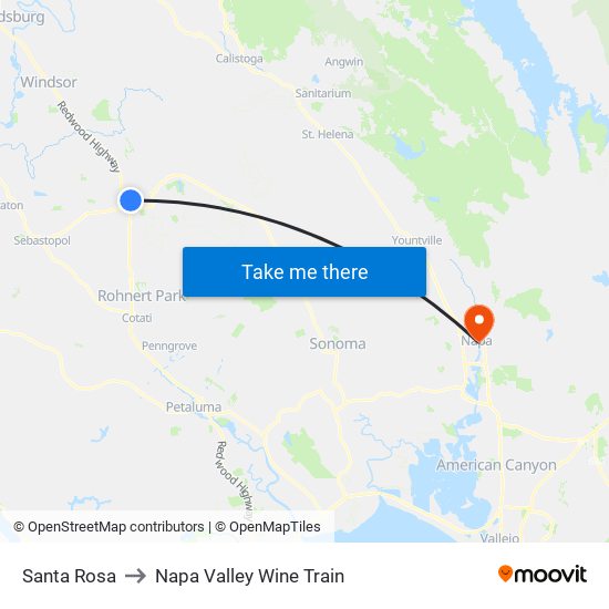 Santa Rosa to Napa Valley Wine Train map