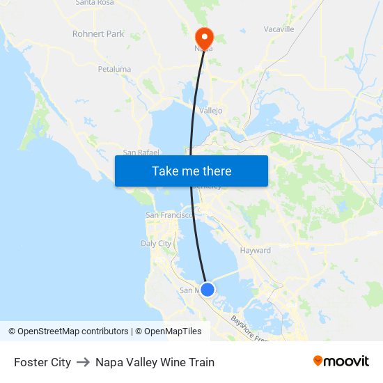 Foster City to Napa Valley Wine Train map