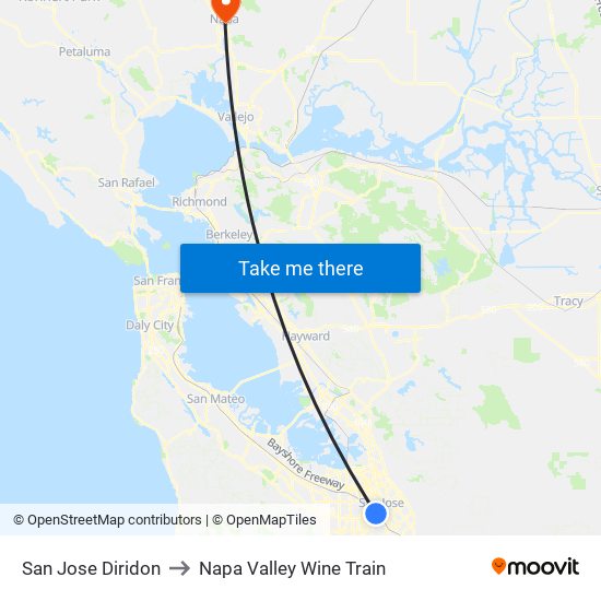 San Jose Diridon to Napa Valley Wine Train map
