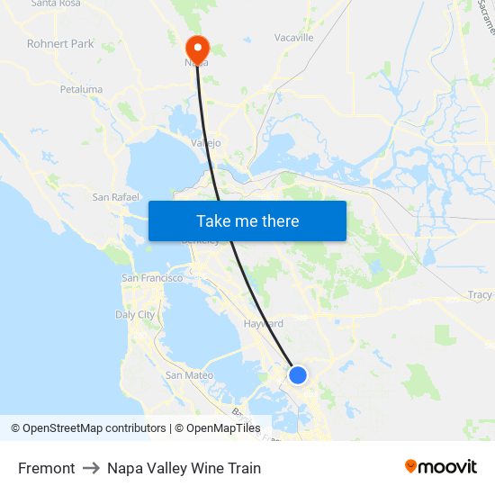 Fremont to Napa Valley Wine Train map