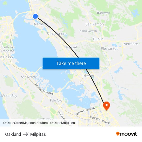 Oakland to Milpitas map