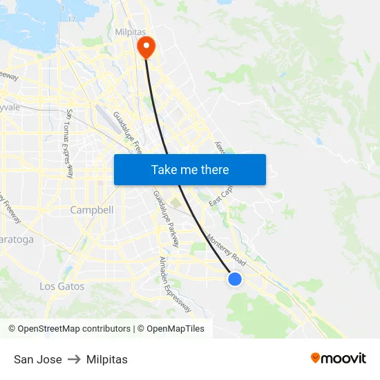 San Jose to Milpitas map