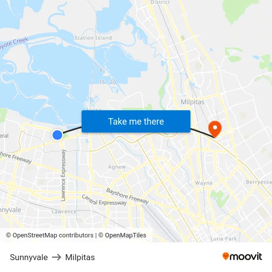 Sunnyvale to Milpitas map