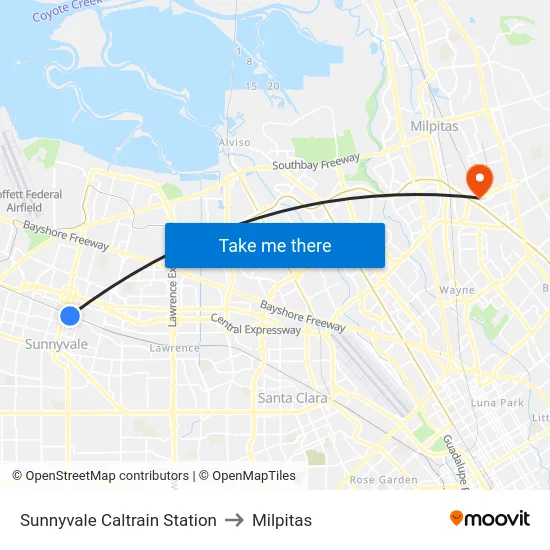 Sunnyvale Caltrain Station to Milpitas map