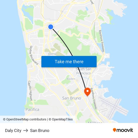 Daly City to San Bruno map