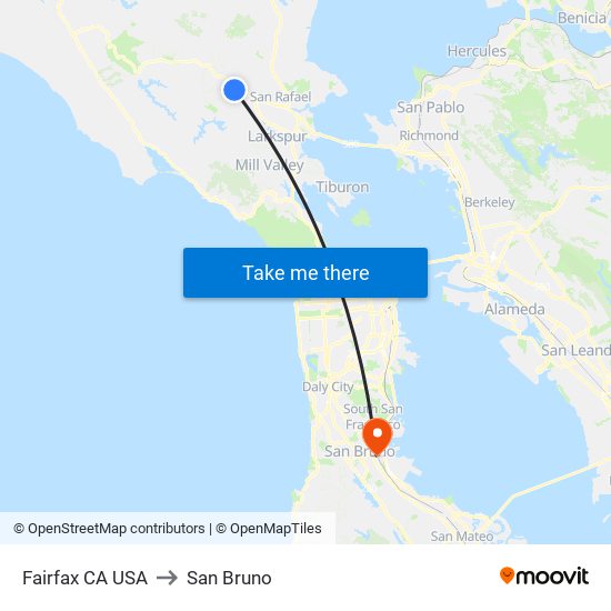 Fairfax CA USA to San Bruno map