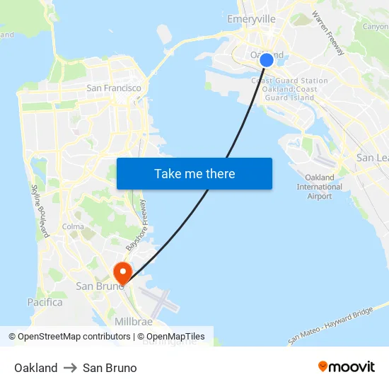 Oakland to San Bruno map