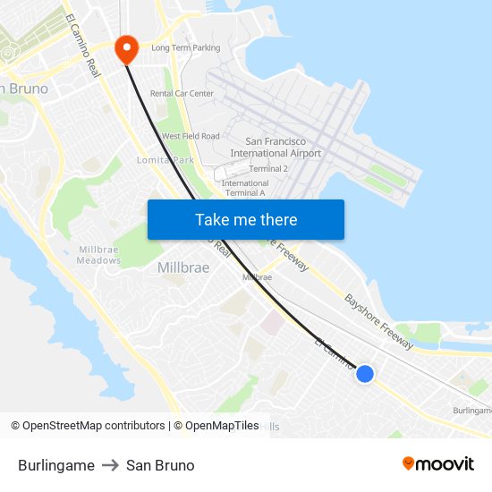 Burlingame to San Bruno map