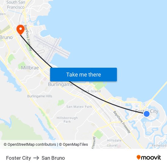 Foster City to San Bruno map