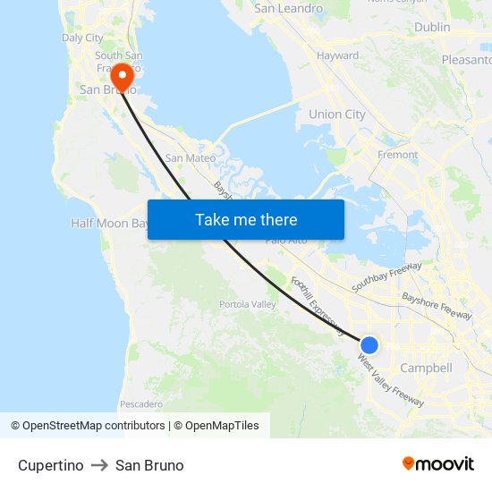 Cupertino to San Bruno map