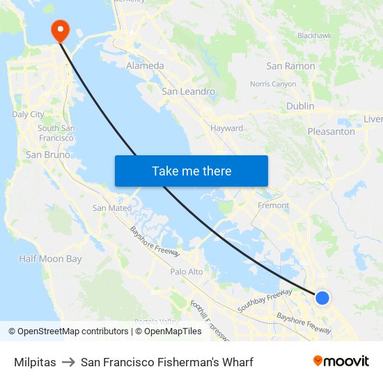 Milpitas to San Francisco Fisherman's Wharf map