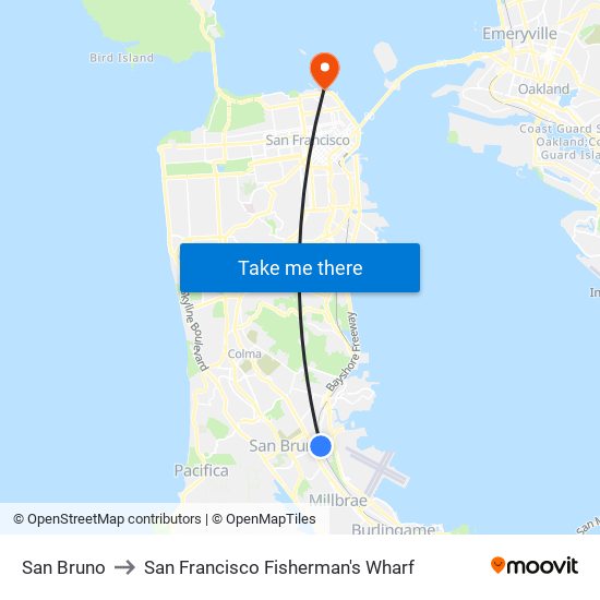 San Bruno to San Francisco Fisherman's Wharf map
