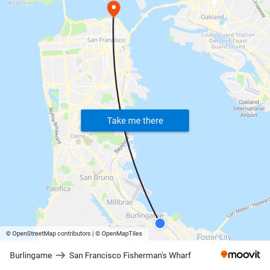 Burlingame to San Francisco Fisherman's Wharf map