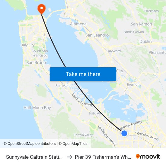 Sunnyvale Caltrain Station to Pier 39 Fisherman's Wharf map