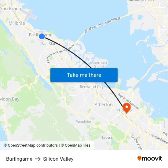 Burlingame to Silicon Valley map