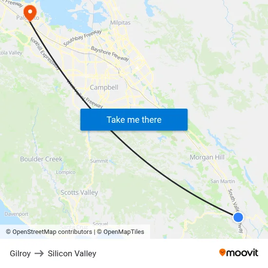 Gilroy to Silicon Valley map