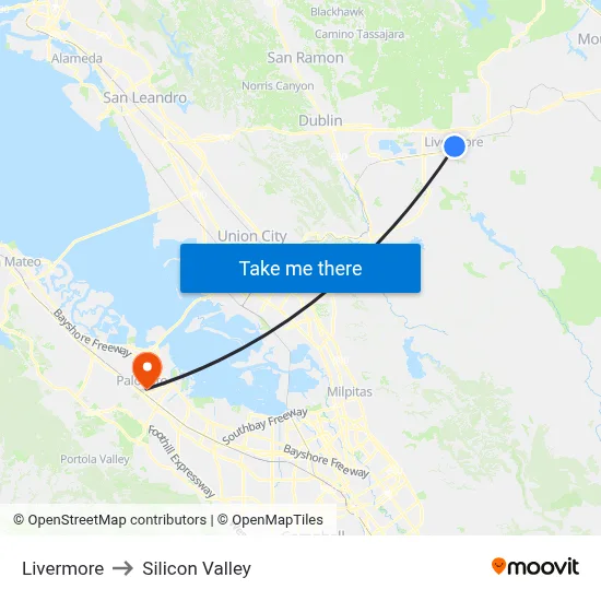 Livermore to Silicon Valley map